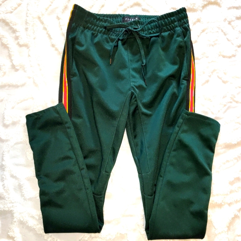 PacSun Men Tricot Striped Tapered Skinny Track Pants Forest Green Red S - Picture 2 of 8
